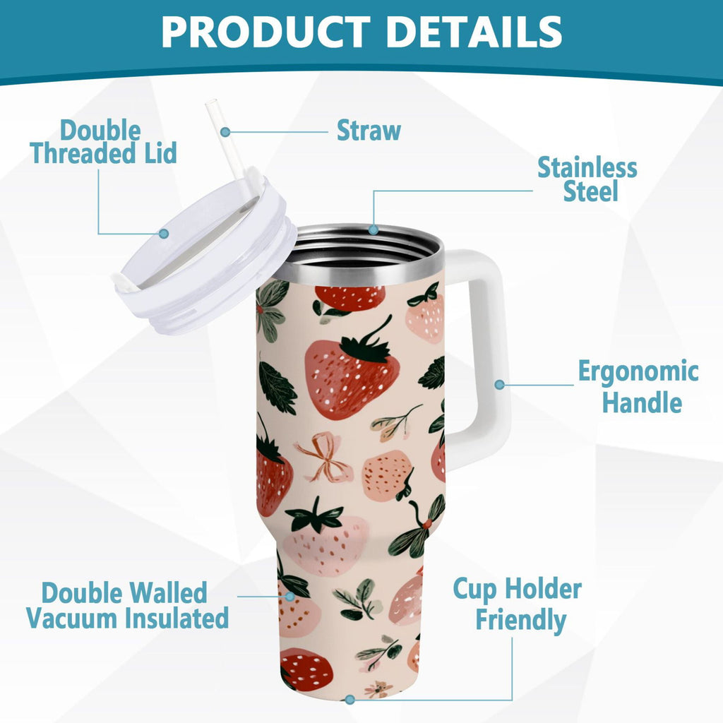 30 oz Insulated Stainless Steel Tumbler Double Wall Stainless Steel Tumbler with 2-Way Drinking Cute Pinks Strawberries | 0E2W