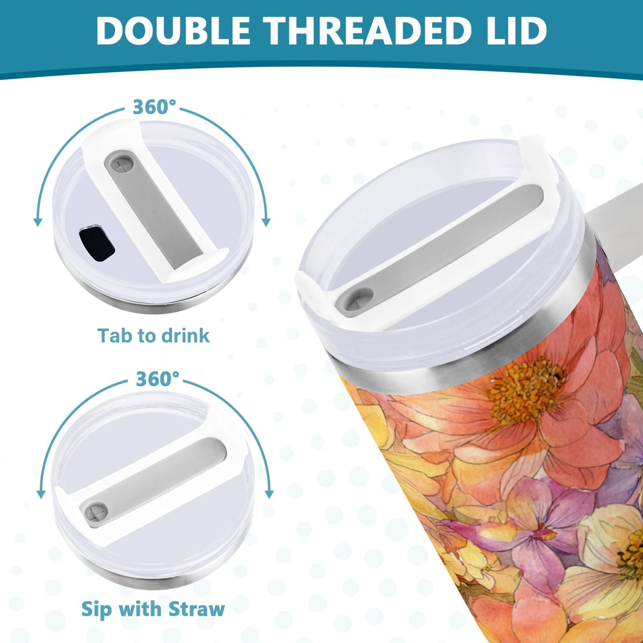 30 oz Insulated Stainless Steel Tumbler Double Wall Stainless Steel Tumbler with 2-Way Drinking Summer Blossoms | B5A0