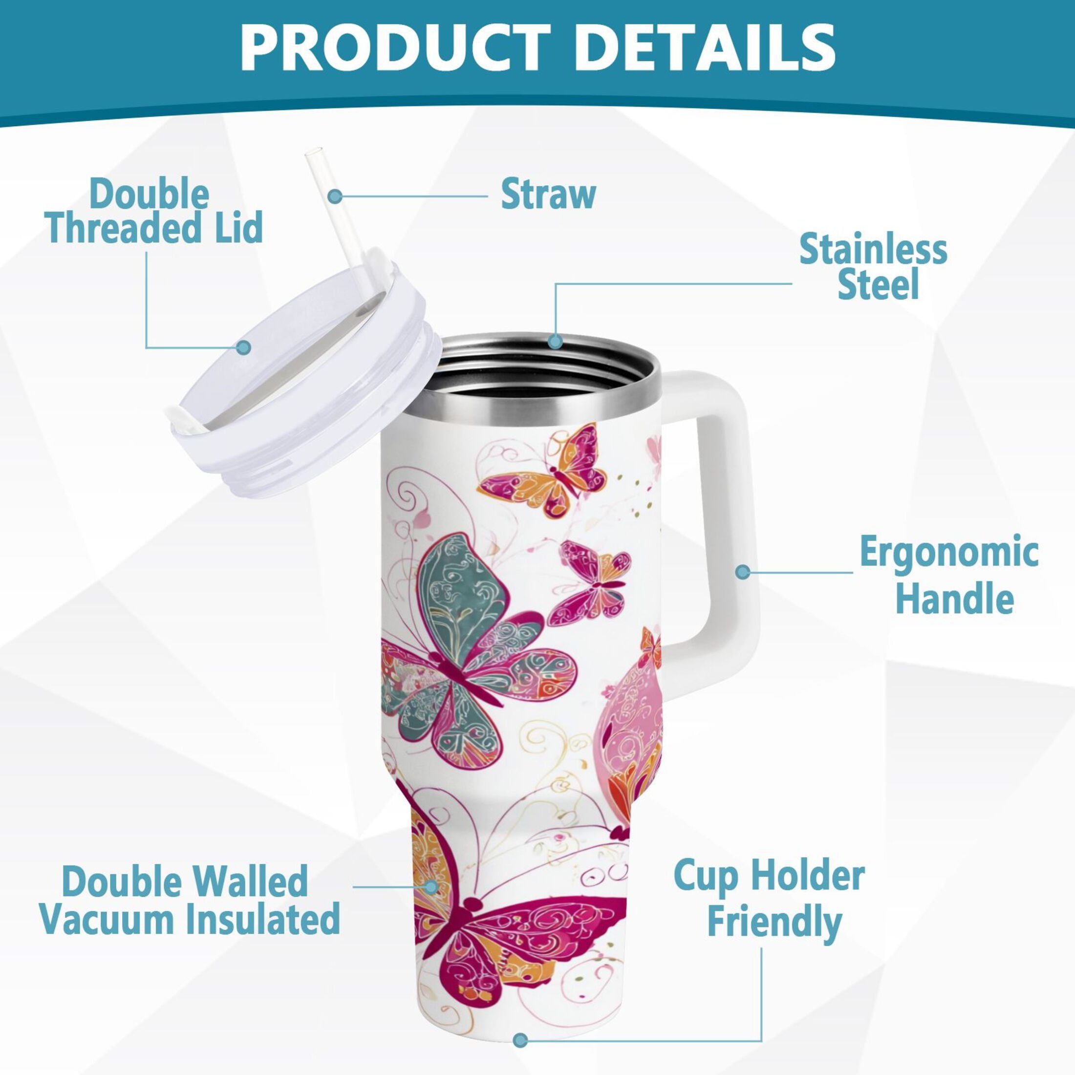 30 oz Insulated Stainless Steel Tumbler Double Wall Stainless Steel Tumbler with 2-Way Drinking Colorful Butterflies | RGOW