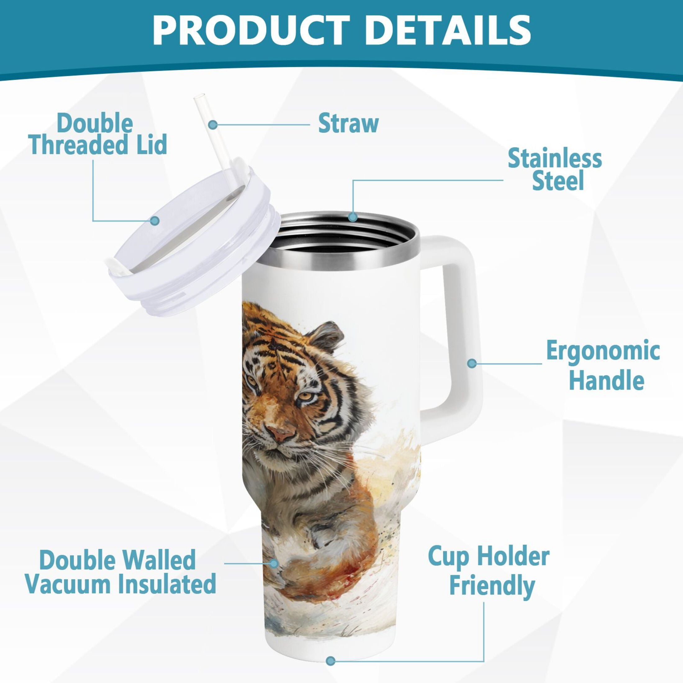 30 oz Insulated Stainless Steel Tumbler Double Wall Stainless Steel Tumbler with 2-Way Drinking Tiger in Action | P3VL