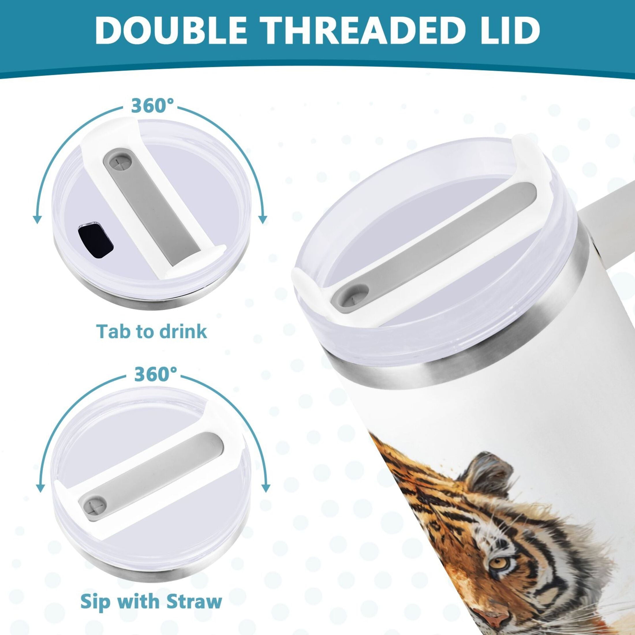 30 oz Insulated Stainless Steel Tumbler Double Wall Stainless Steel Tumbler with 2-Way Drinking Tiger in Action | P3VL