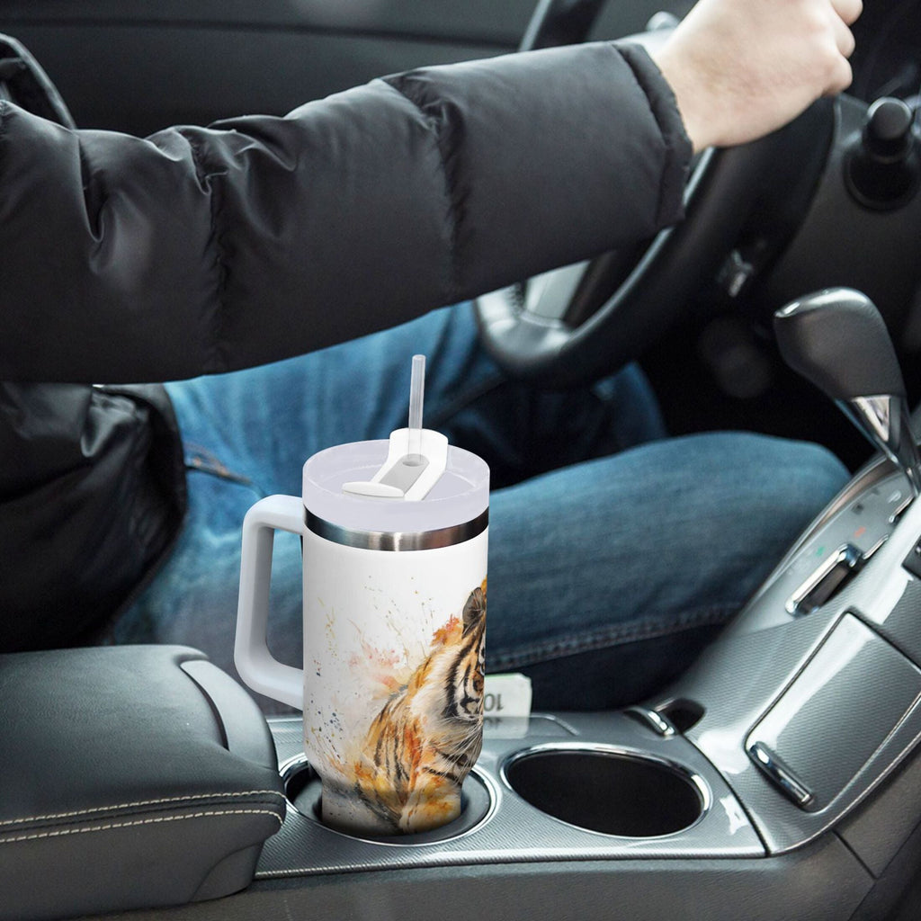 30 oz Insulated Stainless Steel Tumbler Double Wall Stainless Steel Tumbler with 2-Way Drinking Tiger in Action | P3VL