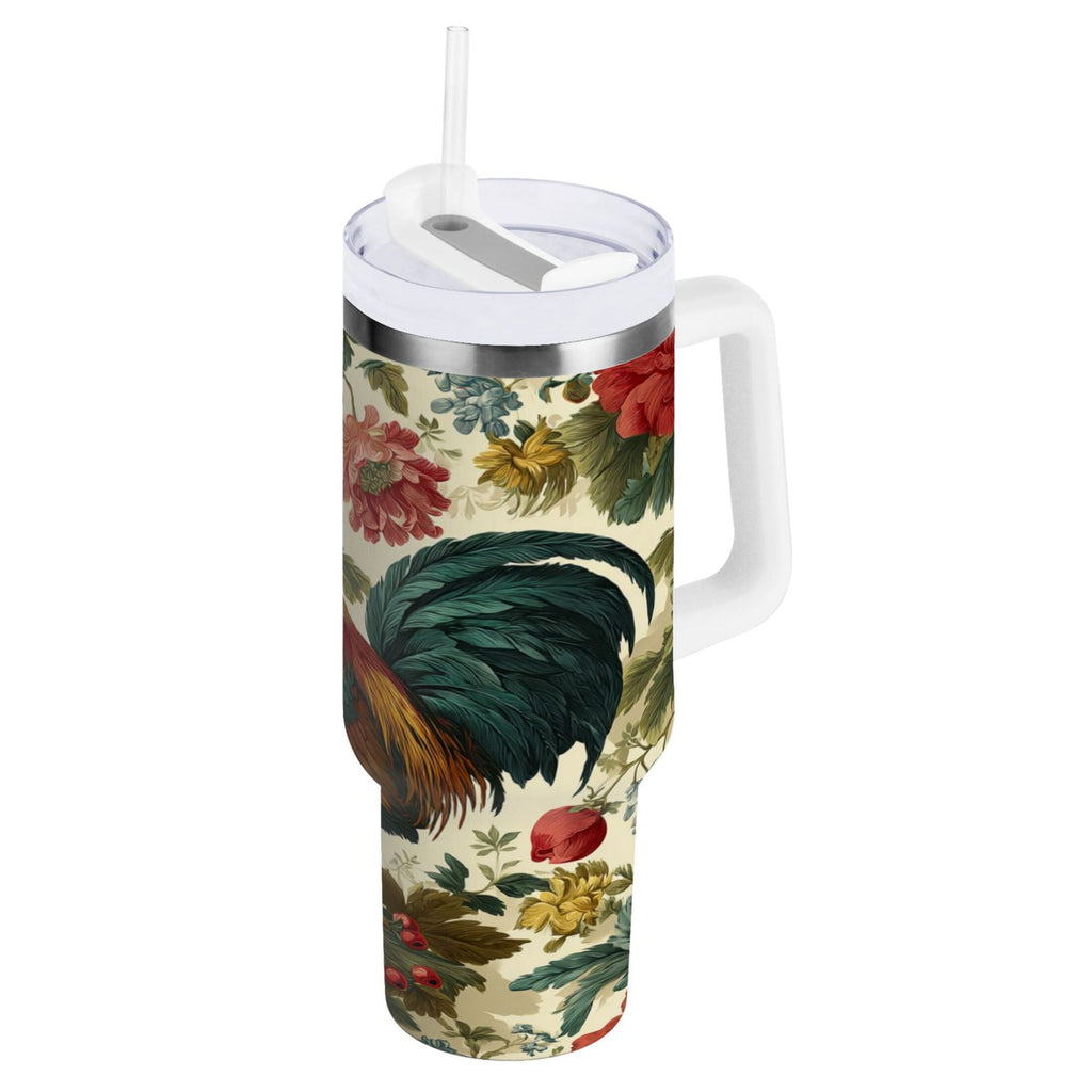 40 oz Insulated Stainless Steel Tumbler Double Wall Stainless Steel Tumbler with 2-Way Drinking Rooster and Vintage Floral | Q2X4