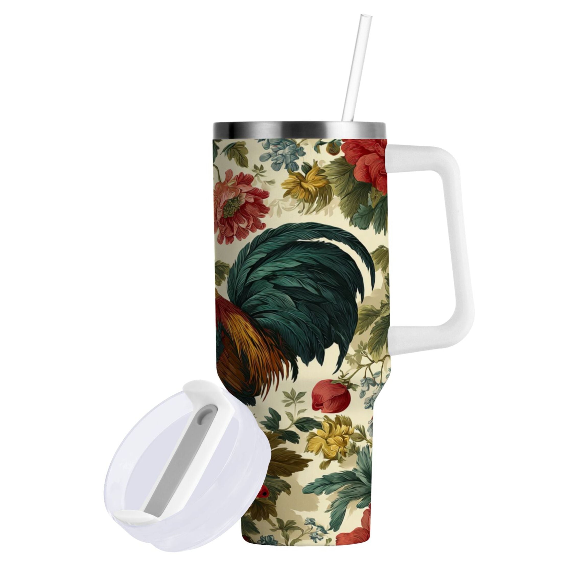 40 oz Insulated Stainless Steel Tumbler Double Wall Stainless Steel Tumbler with 2-Way Drinking Rooster and Vintage Floral | Q2X4