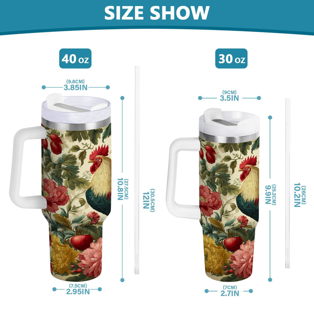 40 oz Insulated Stainless Steel Tumbler Double Wall Stainless Steel Tumbler with 2-Way Drinking Rooster and Vintage Floral | Q2X4