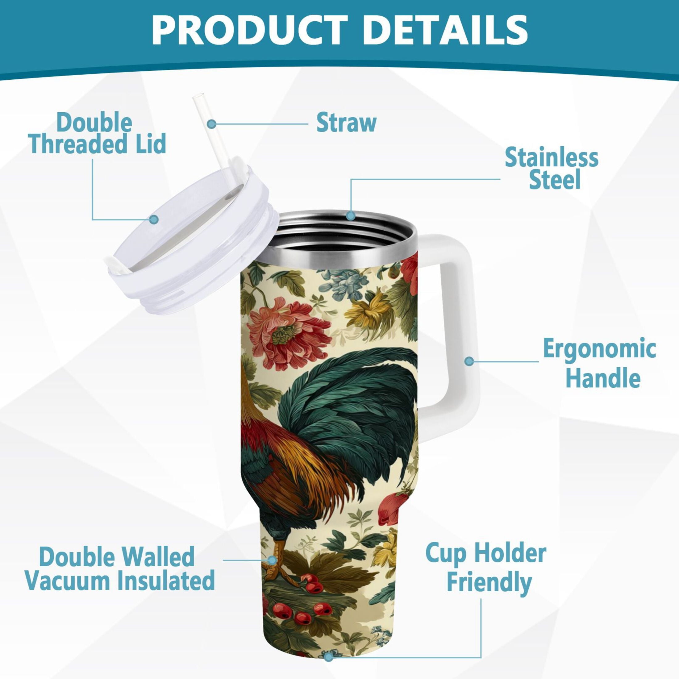 40 oz Insulated Stainless Steel Tumbler Double Wall Stainless Steel Tumbler with 2-Way Drinking Rooster and Vintage Floral | Q2X4