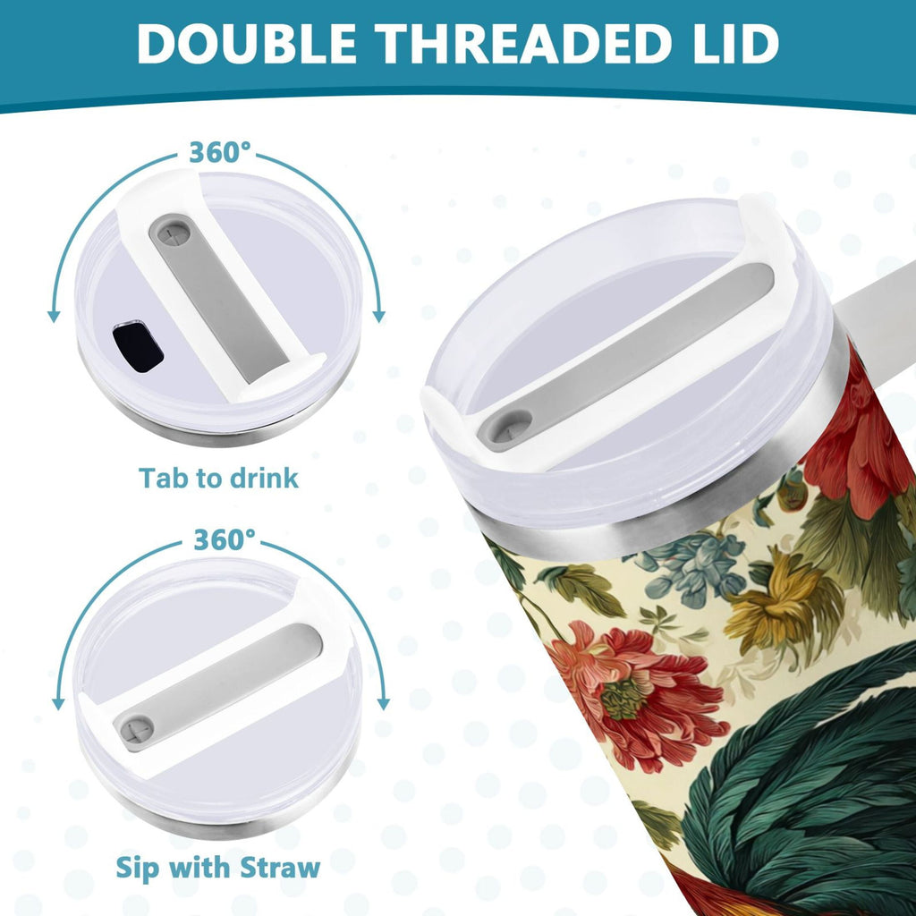 40 oz Insulated Stainless Steel Tumbler Double Wall Stainless Steel Tumbler with 2-Way Drinking Rooster and Vintage Floral | Q2X4