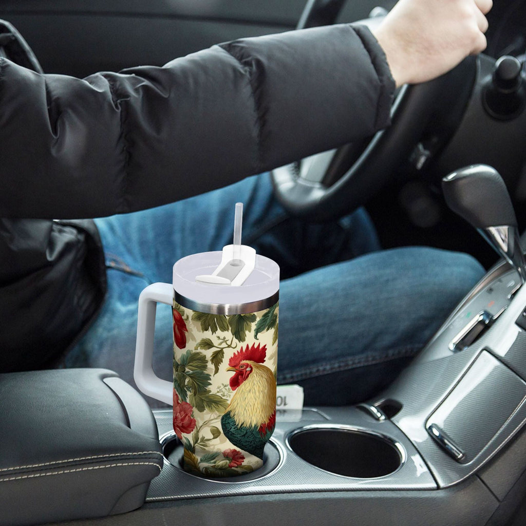 40 oz Insulated Stainless Steel Tumbler Double Wall Stainless Steel Tumbler with 2-Way Drinking Rooster and Vintage Floral | Q2X4