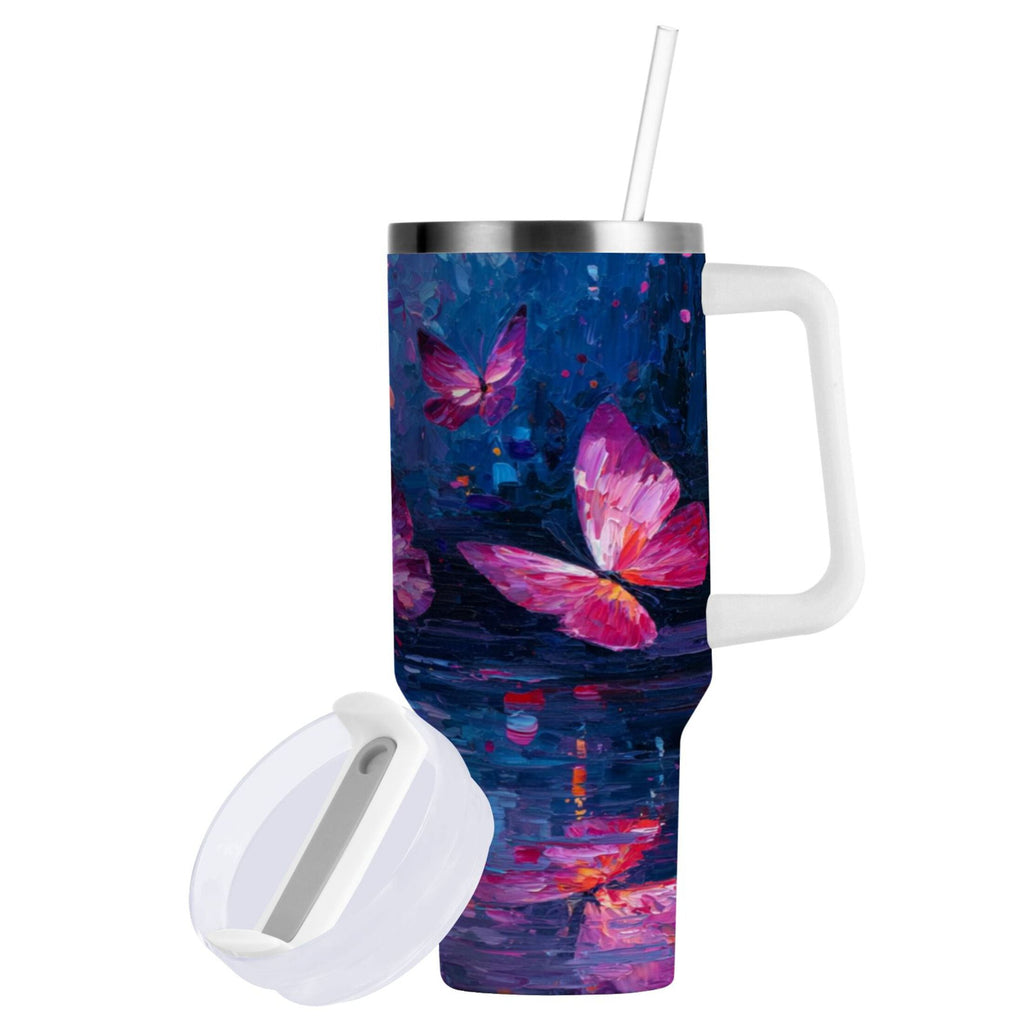 40 oz Insulated Stainless Steel Tumbler Double Wall Stainless Steel Tumbler with 2-Way Drinking Night Scene and Butterflies | H21M