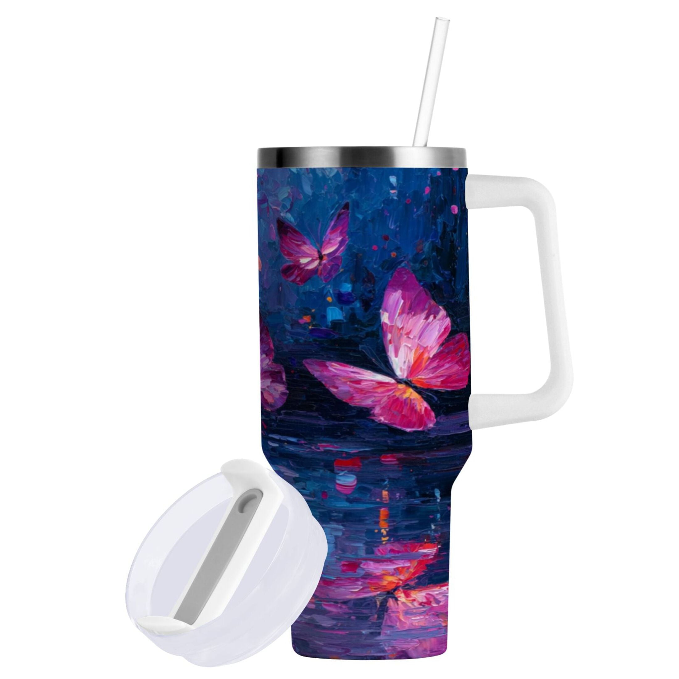 40 oz Insulated Stainless Steel Tumbler Double Wall Stainless Steel Tumbler with 2-Way Drinking Night Scene and Butterflies | K7VX