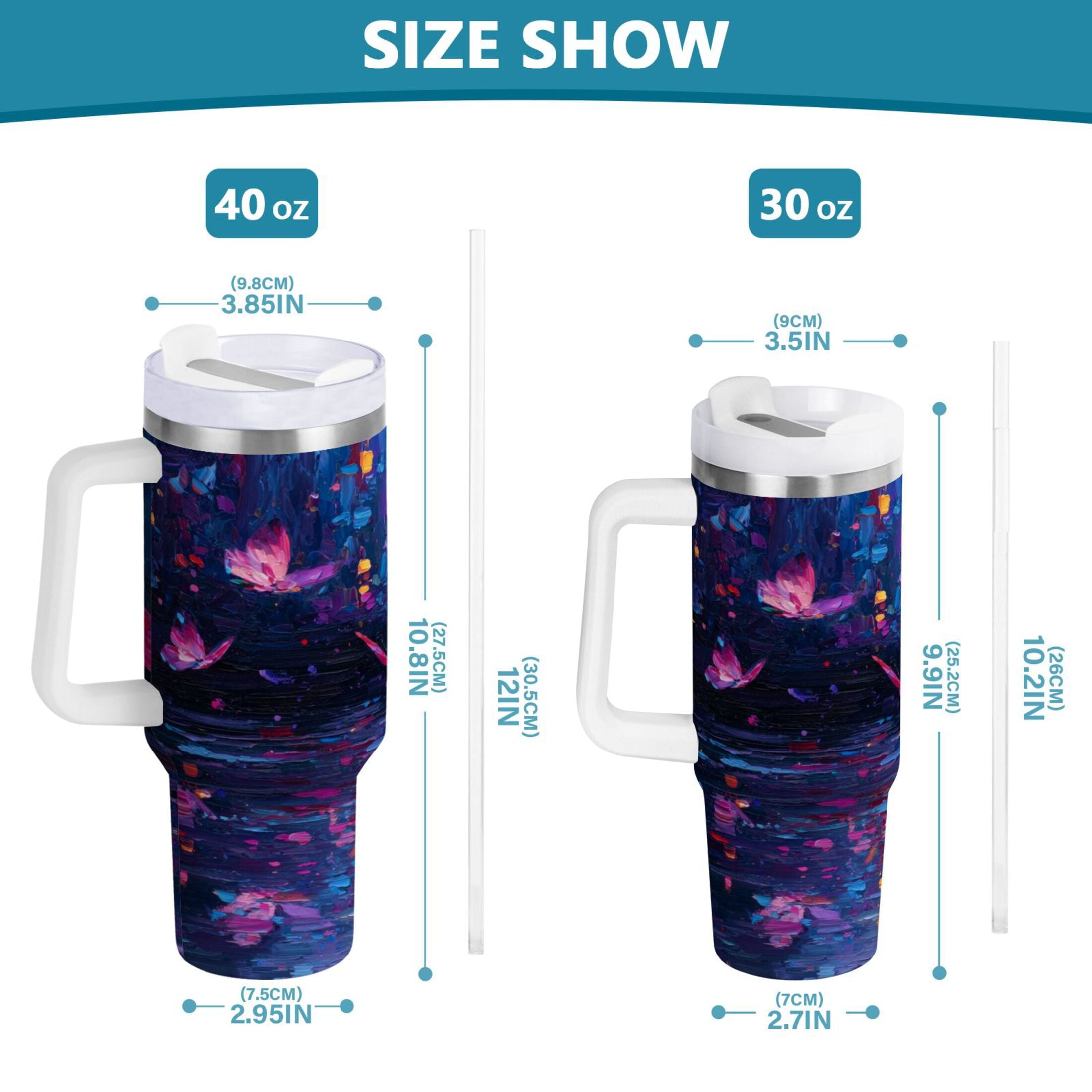 40 oz Insulated Stainless Steel Tumbler Double Wall Stainless Steel Tumbler with 2-Way Drinking Night Scene and Butterflies | H21M