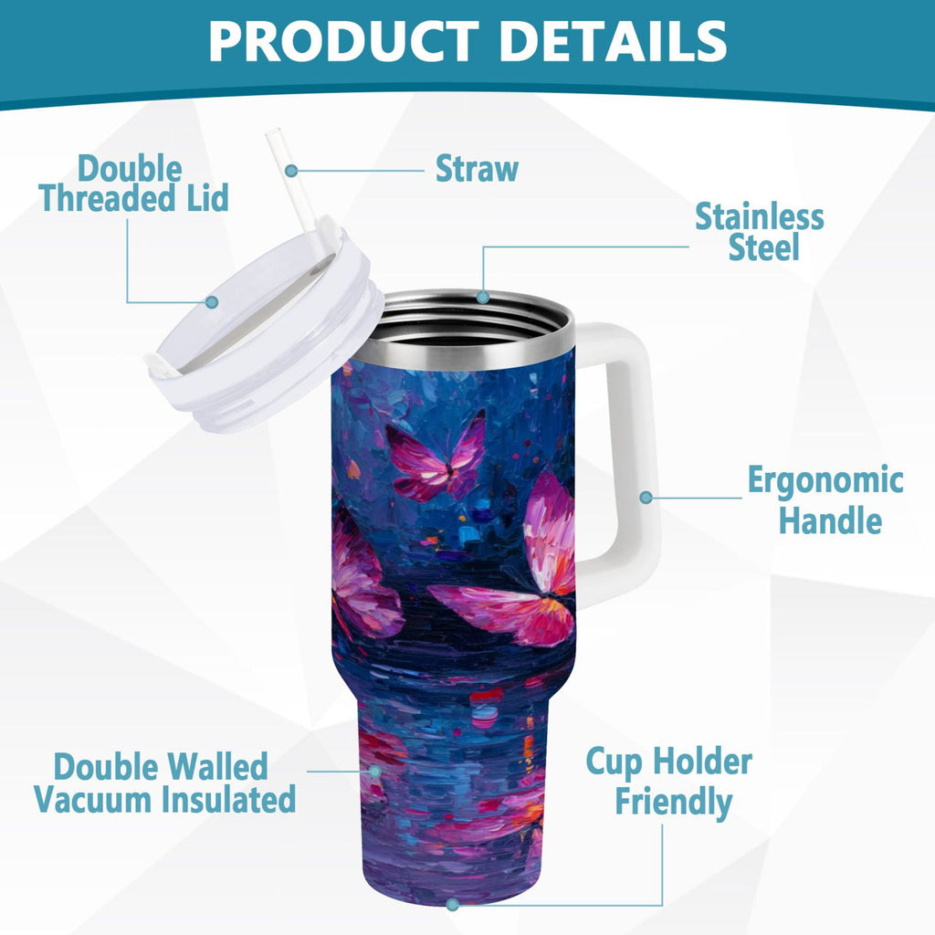 40 oz Insulated Stainless Steel Tumbler Double Wall Stainless Steel Tumbler with 2-Way Drinking Night Scene and Butterflies | K7VX