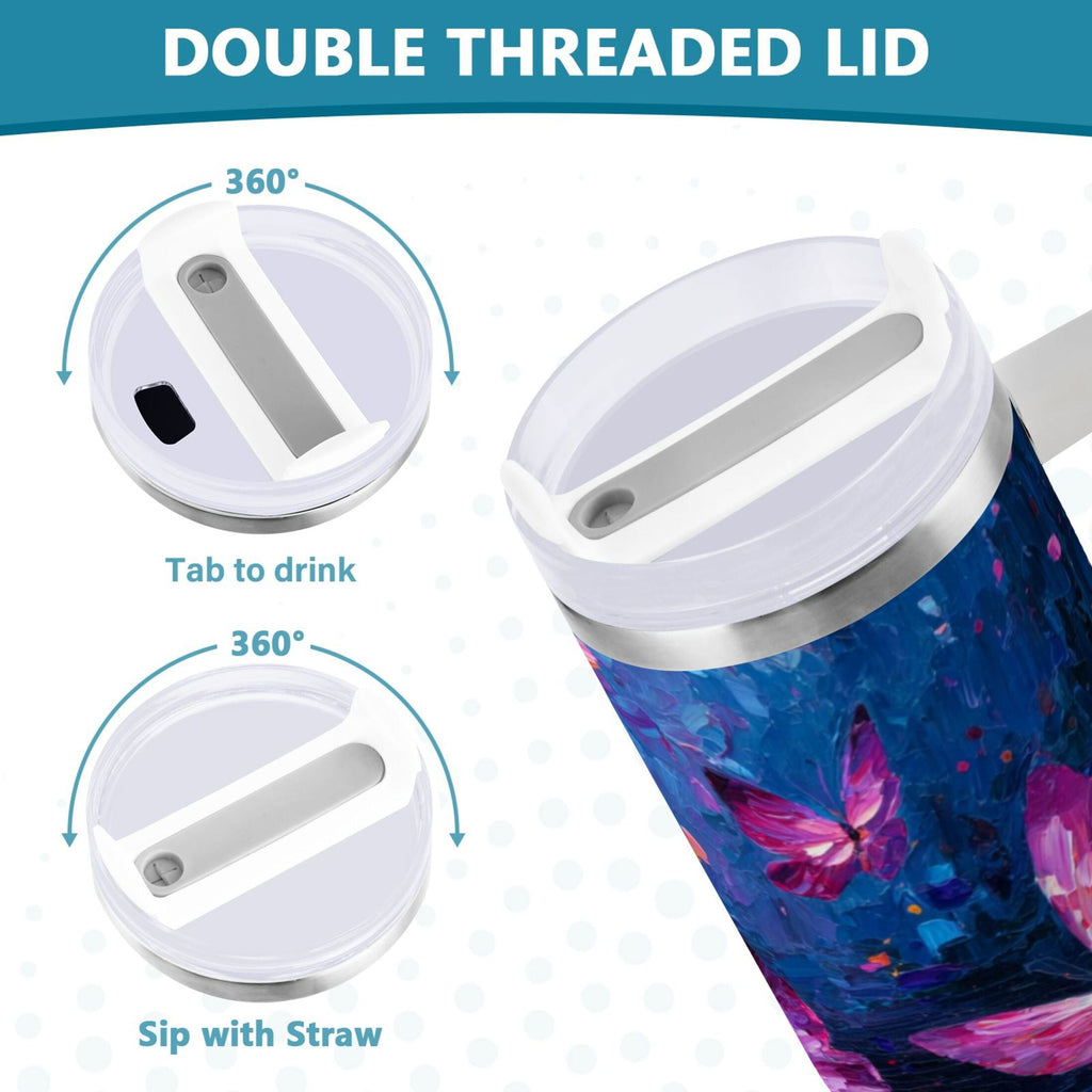 40 oz Insulated Stainless Steel Tumbler Double Wall Stainless Steel Tumbler with 2-Way Drinking Night Scene and Butterflies | K7VX