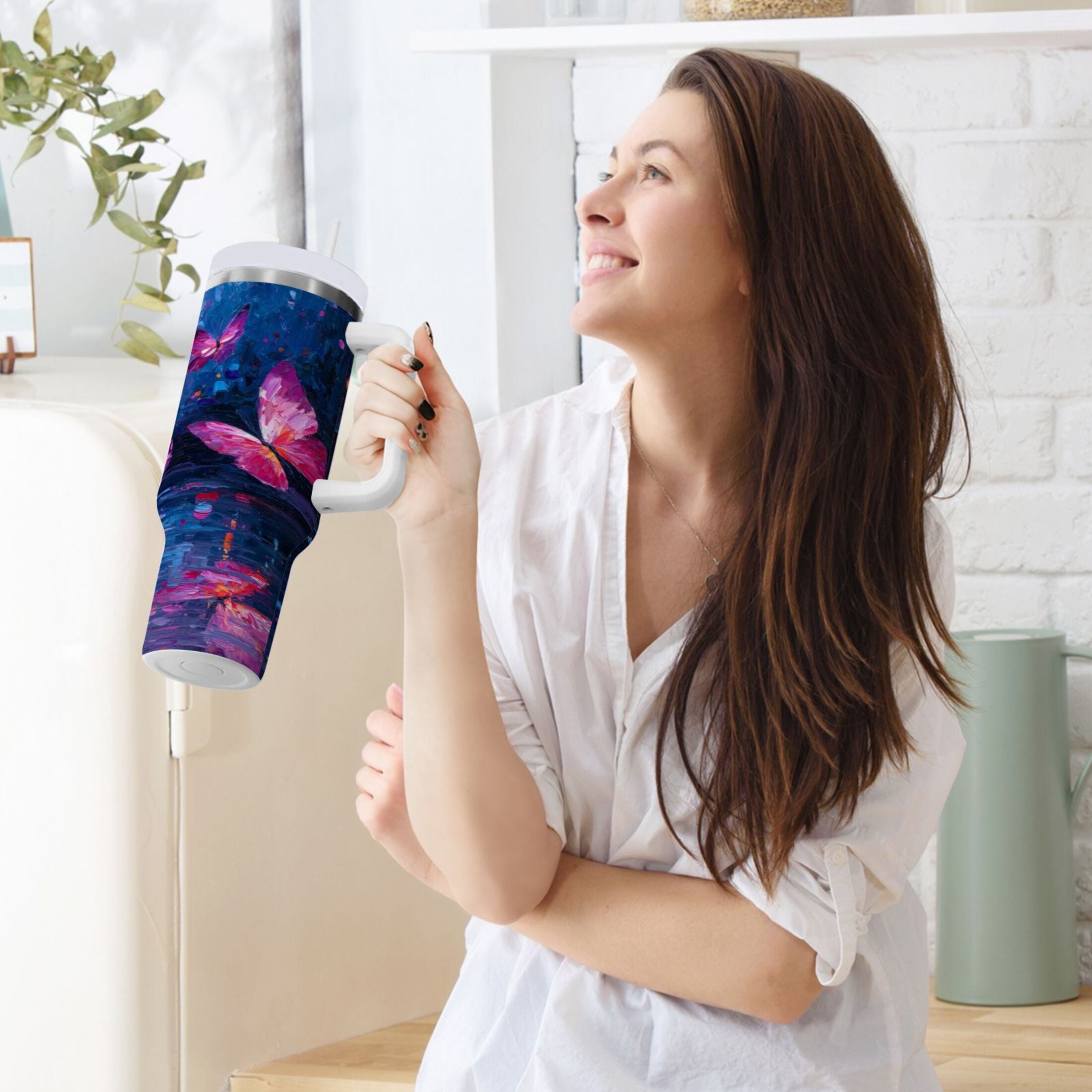 40 oz Insulated Stainless Steel Tumbler Double Wall Stainless Steel Tumbler with 2-Way Drinking Night Scene and Butterflies | H21M