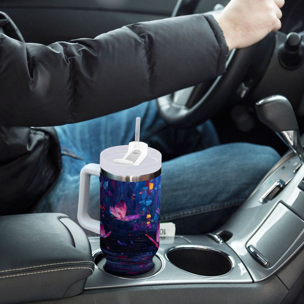 40 oz Insulated Stainless Steel Tumbler Double Wall Stainless Steel Tumbler with 2-Way Drinking Night Scene and Butterflies | K7VX