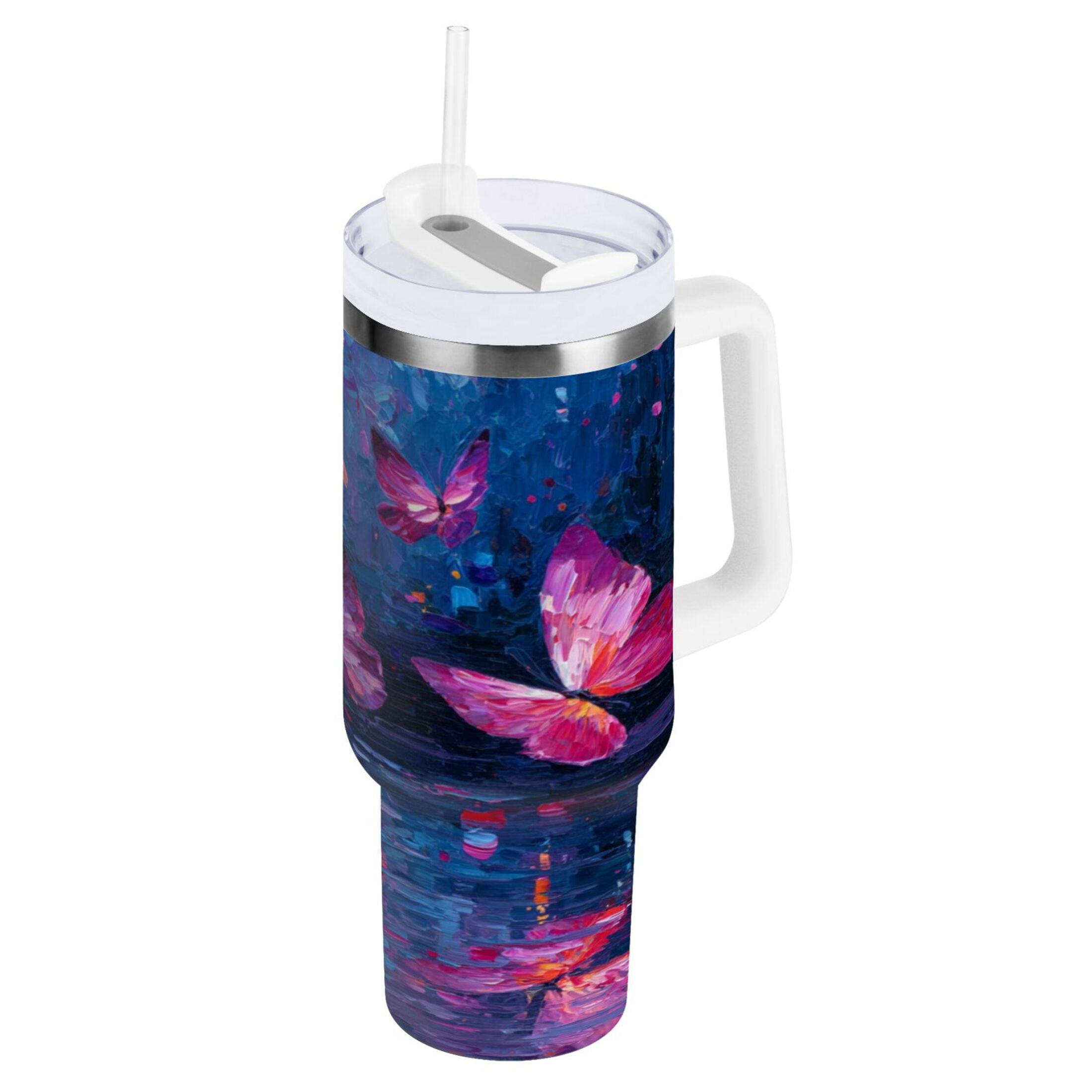 40 oz Insulated Stainless Steel Tumbler Double Wall Stainless Steel Tumbler with 2-Way Drinking Night Scene and Butterflies | K7VX