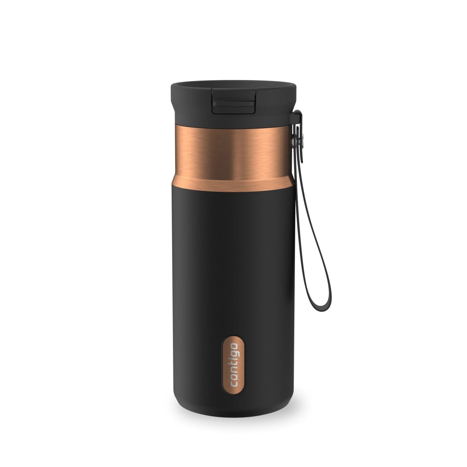 Contigo SnapSeal Leakproof Stainless Steel Reusable Water Bottle with Carrying Strap, Black/Bronze, 16 oz | 1GGM