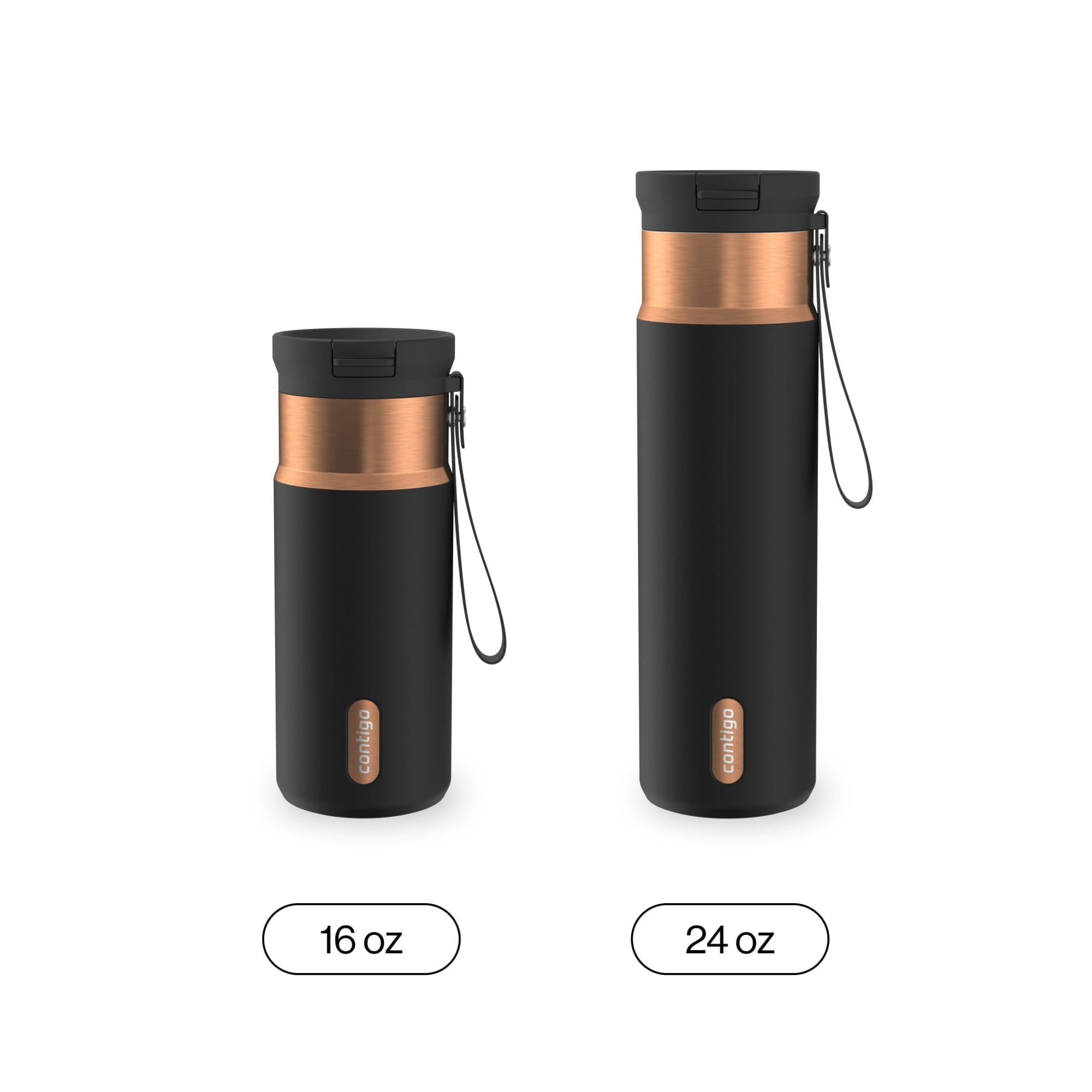 Contigo SnapSeal Leakproof Stainless Steel Reusable Water Bottle with Carrying Strap, Black/Bronze, 16 oz | 1GGM