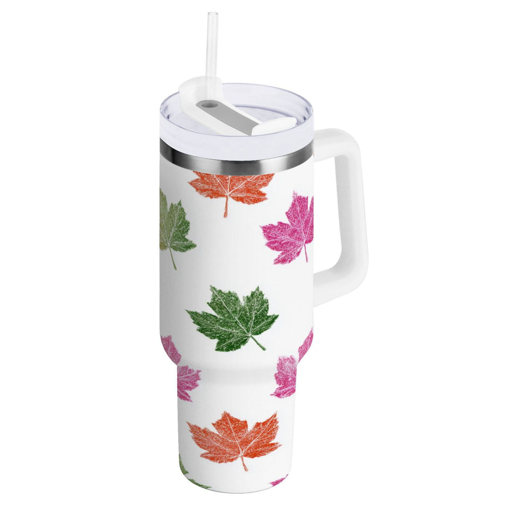 40 oz Insulated Stainless Steel Tumbler Double Wall Stainless Steel Tumbler with 2-Way Drinking Pink Maple Leaf | A3XR