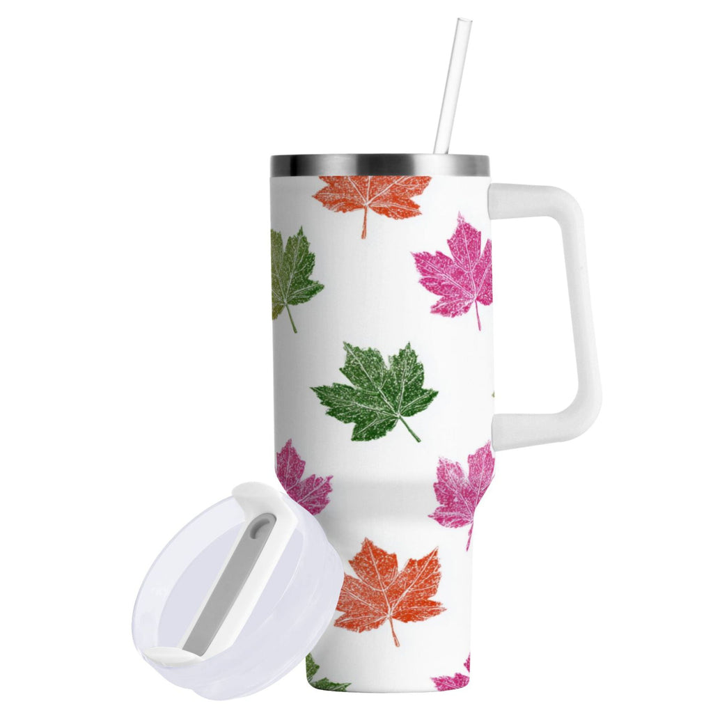 40 oz Insulated Stainless Steel Tumbler Double Wall Stainless Steel Tumbler with 2-Way Drinking Pink Maple Leaf | A3XR