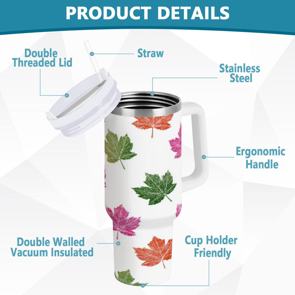 40 oz Insulated Stainless Steel Tumbler Double Wall Stainless Steel Tumbler with 2-Way Drinking Pink Maple Leaf | A3XR