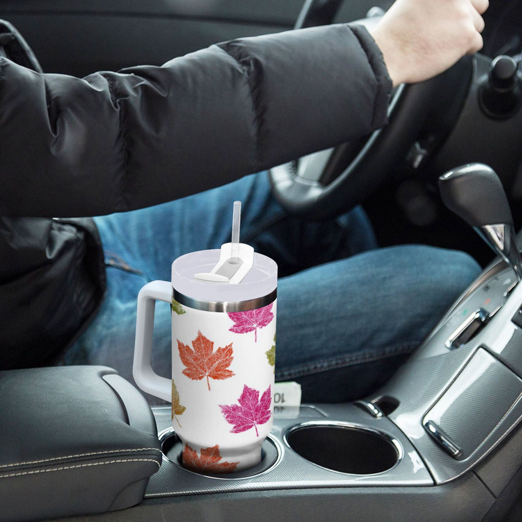 40 oz Insulated Stainless Steel Tumbler Double Wall Stainless Steel Tumbler with 2-Way Drinking Pink Maple Leaf | A3XR