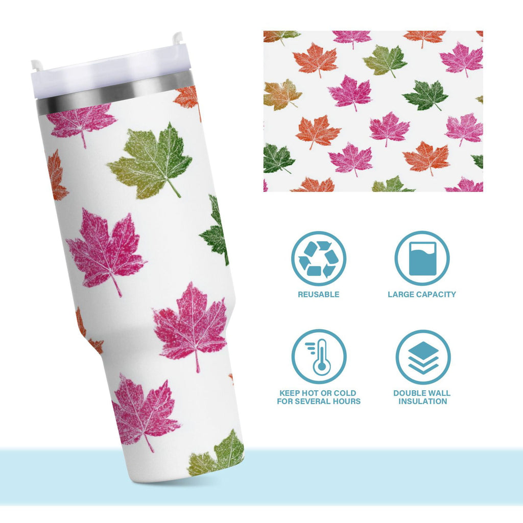 40 oz Insulated Stainless Steel Tumbler Double Wall Stainless Steel Tumbler with 2-Way Drinking Pink Maple Leaf | A3XR