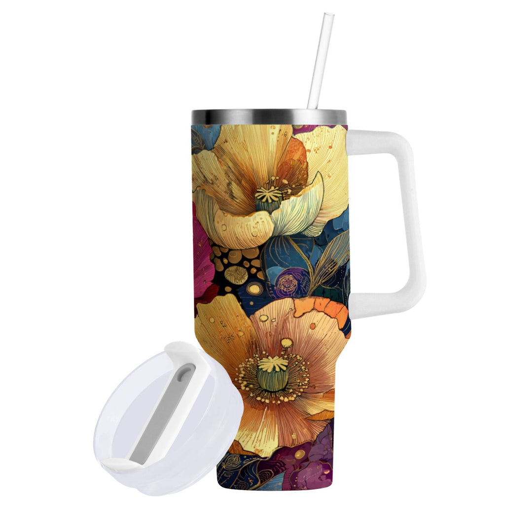 40 oz Insulated Stainless Steel Tumbler Double Wall Stainless Steel Tumbler with 2-Way Drinking Vibrant and Intricate Flowers | I10N