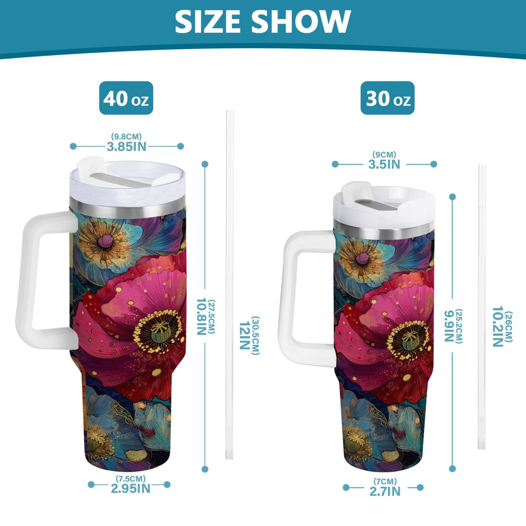 40 oz Insulated Stainless Steel Tumbler Double Wall Stainless Steel Tumbler with 2-Way Drinking Vibrant and Intricate Flowers | I10N