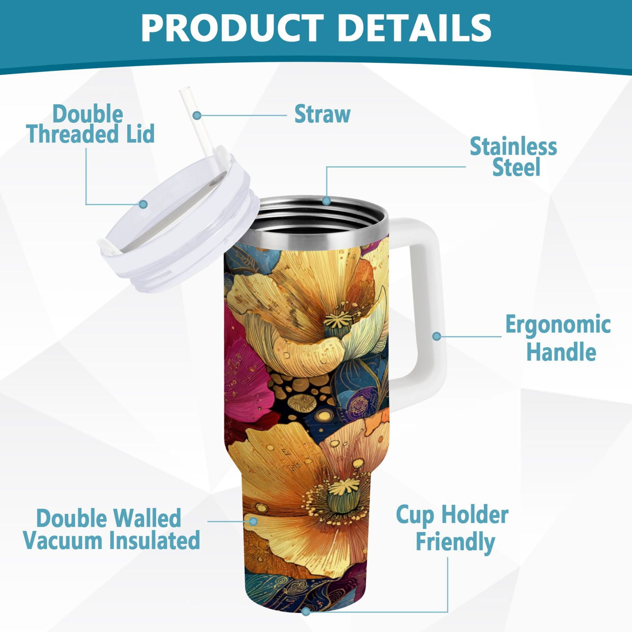 40 oz Insulated Stainless Steel Tumbler Double Wall Stainless Steel Tumbler with 2-Way Drinking Vibrant and Intricate Flowers | I10N