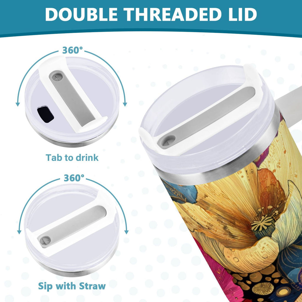 40 oz Insulated Stainless Steel Tumbler Double Wall Stainless Steel Tumbler with 2-Way Drinking Vibrant and Intricate Flowers | I10N