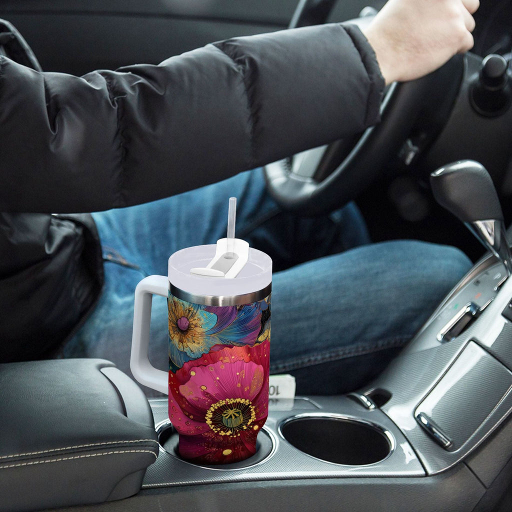 40 oz Insulated Stainless Steel Tumbler Double Wall Stainless Steel Tumbler with 2-Way Drinking Vibrant and Intricate Flowers | I10N