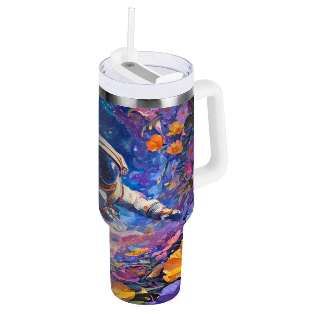 40 oz Insulated Stainless Steel Tumbler Double Wall Stainless Steel Tumbler with 2-Way Drinking Astronaut and Colorful Flowers | VJQ7