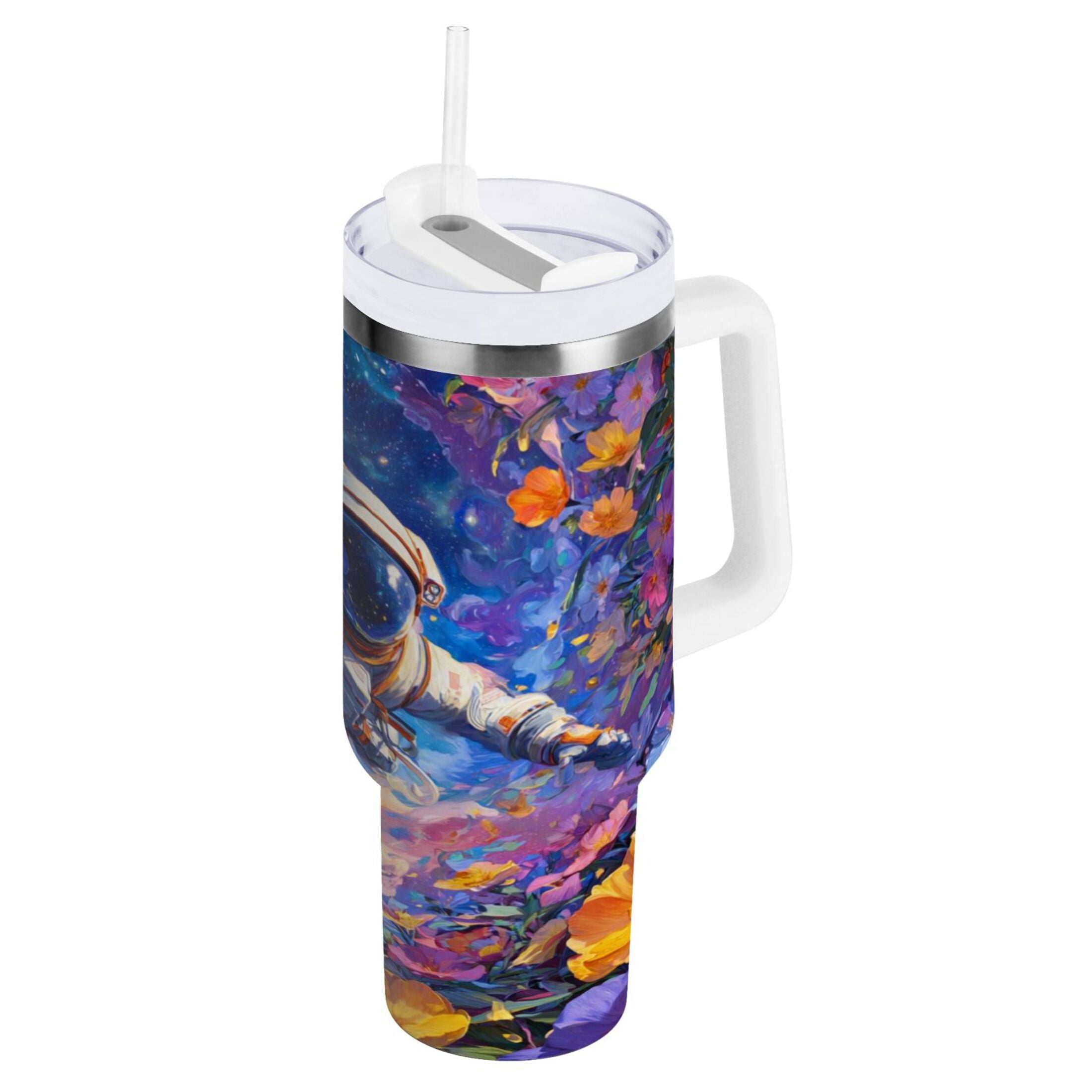 40 oz Insulated Stainless Steel Tumbler Double Wall Stainless Steel Tumbler with 2-Way Drinking Astronaut and Colorful Flowers | VJQ7