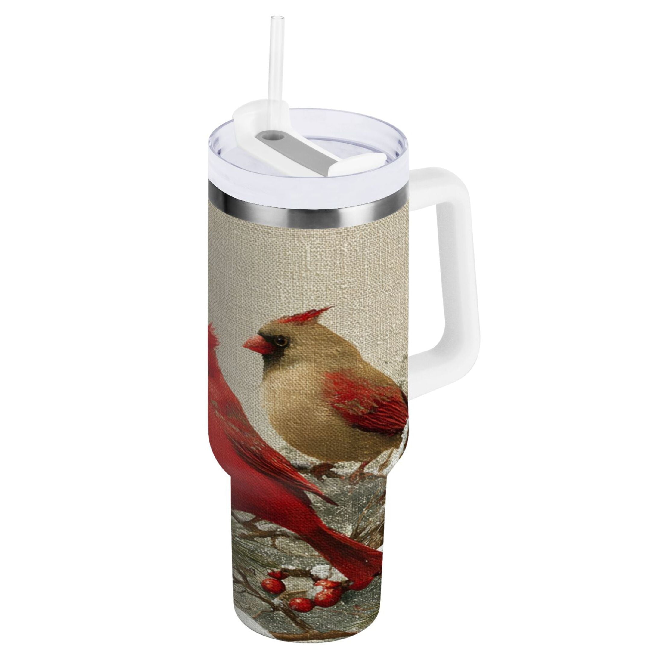 30 oz Insulated Stainless Steel Tumbler Double Wall Stainless Steel Tumbler with 2-Way Drinking Bird and Snow-covered Trees | L05G