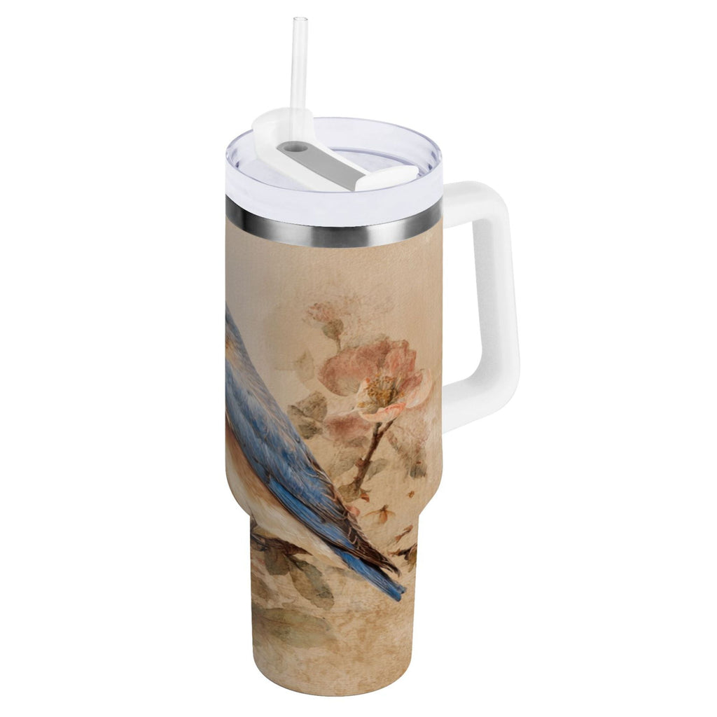 40 oz Insulated Stainless Steel Tumbler Double Wall Stainless Steel Tumbler with 2-Way Drinking Bluebird and Ancient Flowers | TZPP