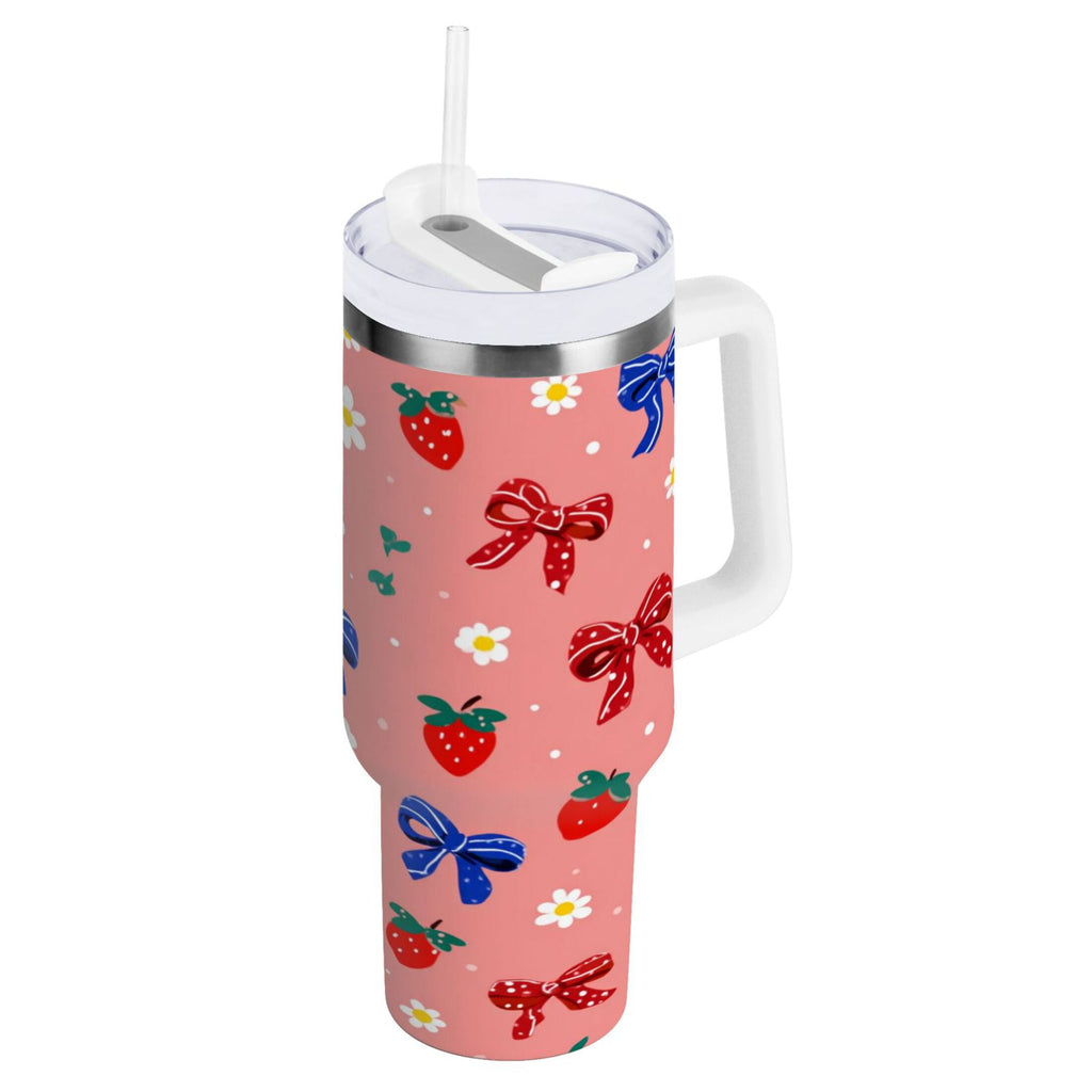 40 oz Insulated Stainless Steel Tumbler Double Wall Stainless Steel Tumbler with 2-Way Drinking Bows and Strawberries Pattern | 2KSY