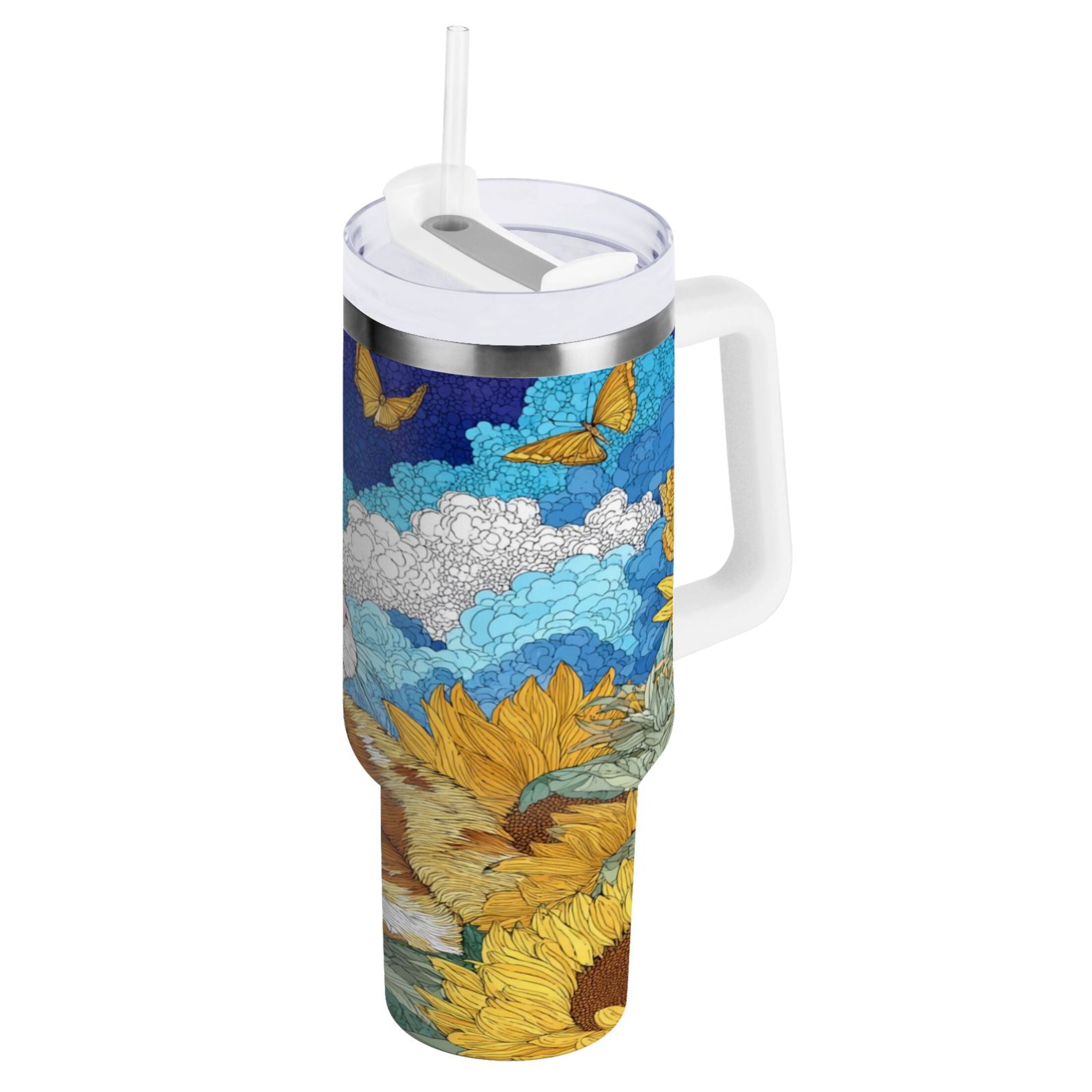 40 oz Insulated Stainless Steel Tumbler Double Wall Stainless Steel Tumbler with 2-Way Drinking Cat Lies in The Sunflowers | 60YE