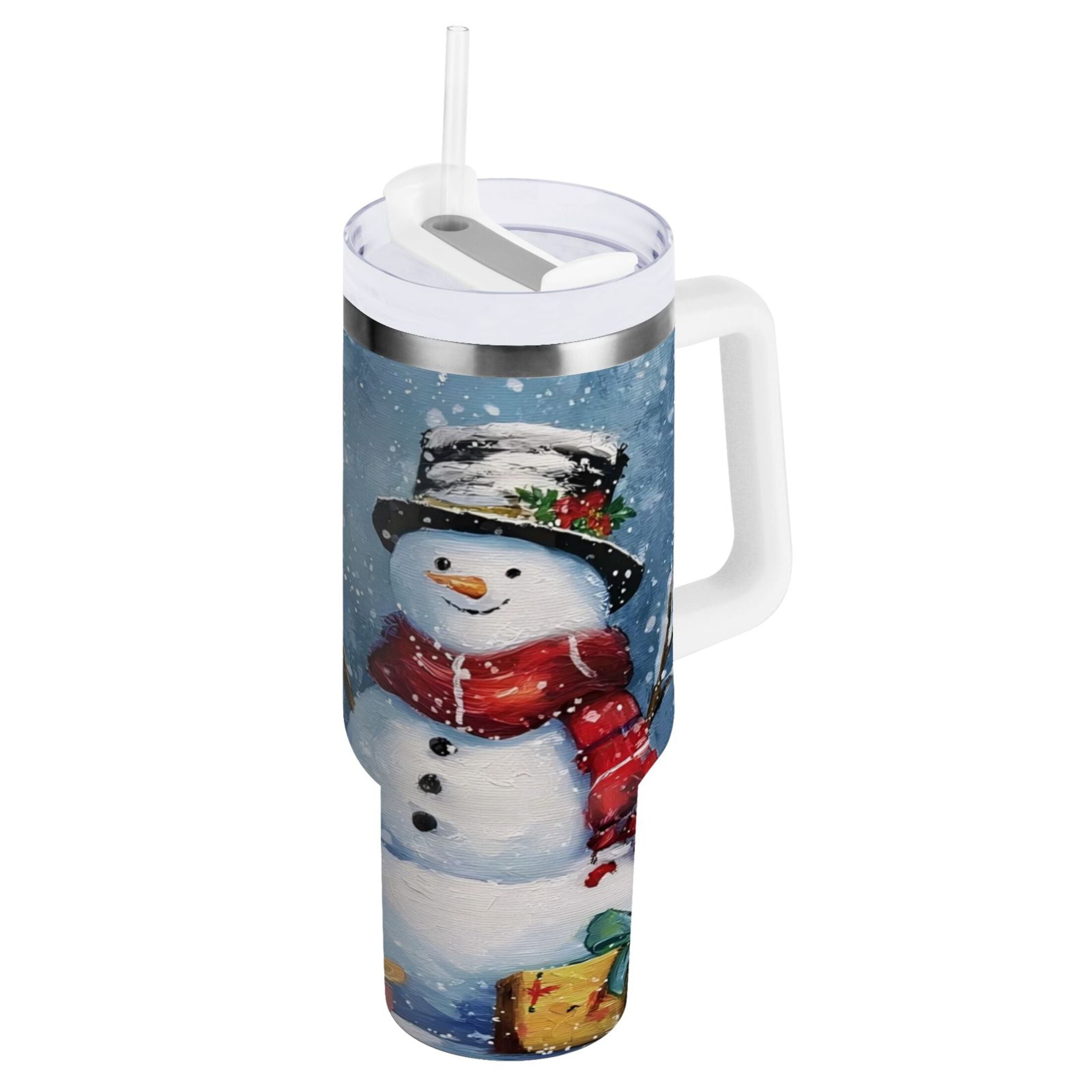 30 oz Insulated Stainless Steel Tumbler Double Wall Stainless Steel Tumbler with 2-Way Drinking Christmas Scene with Snowman | S6Z8