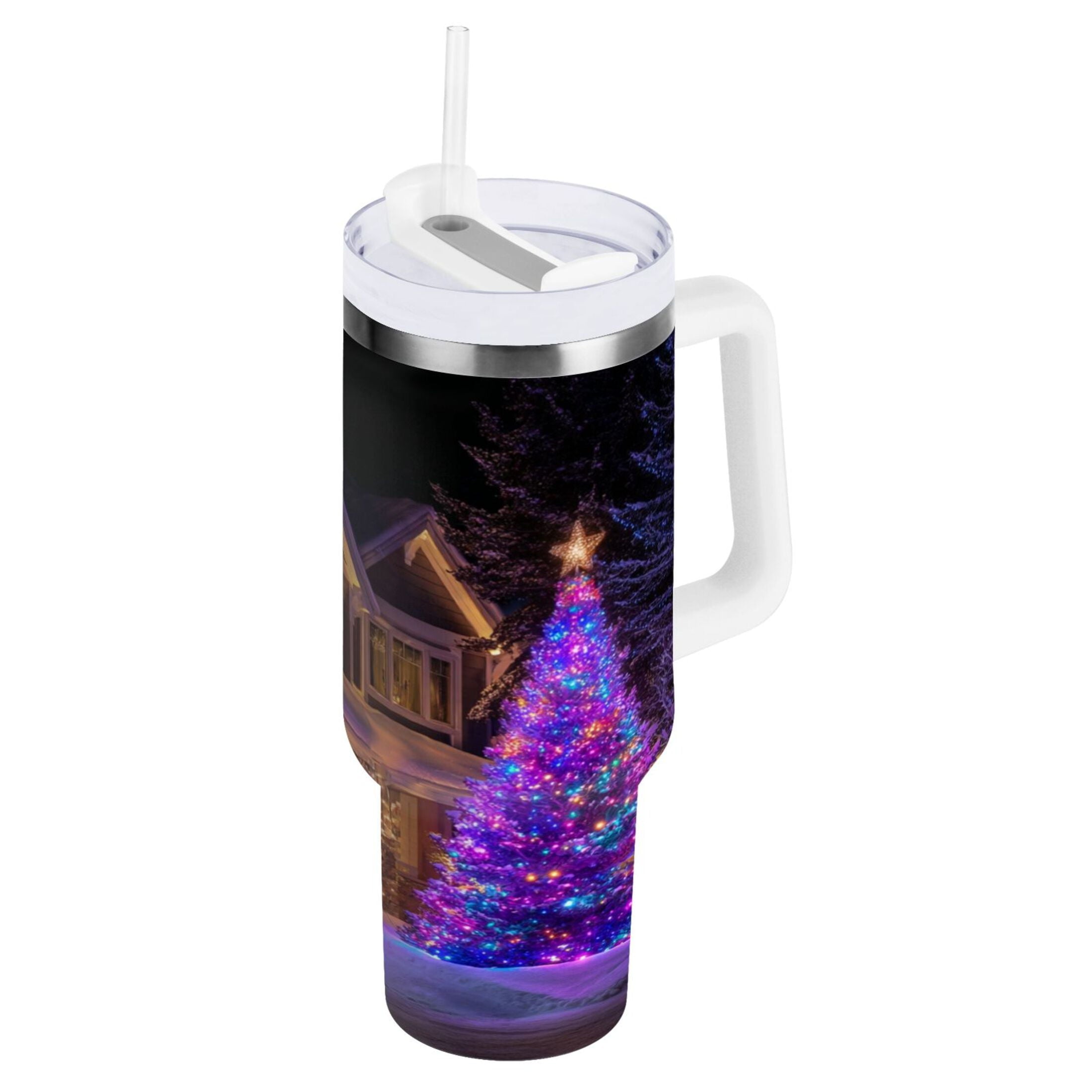 40 oz Insulated Stainless Steel Tumbler Double Wall Stainless Steel Tumbler with 2-Way Drinking Christmas Trees with Lights | A27R