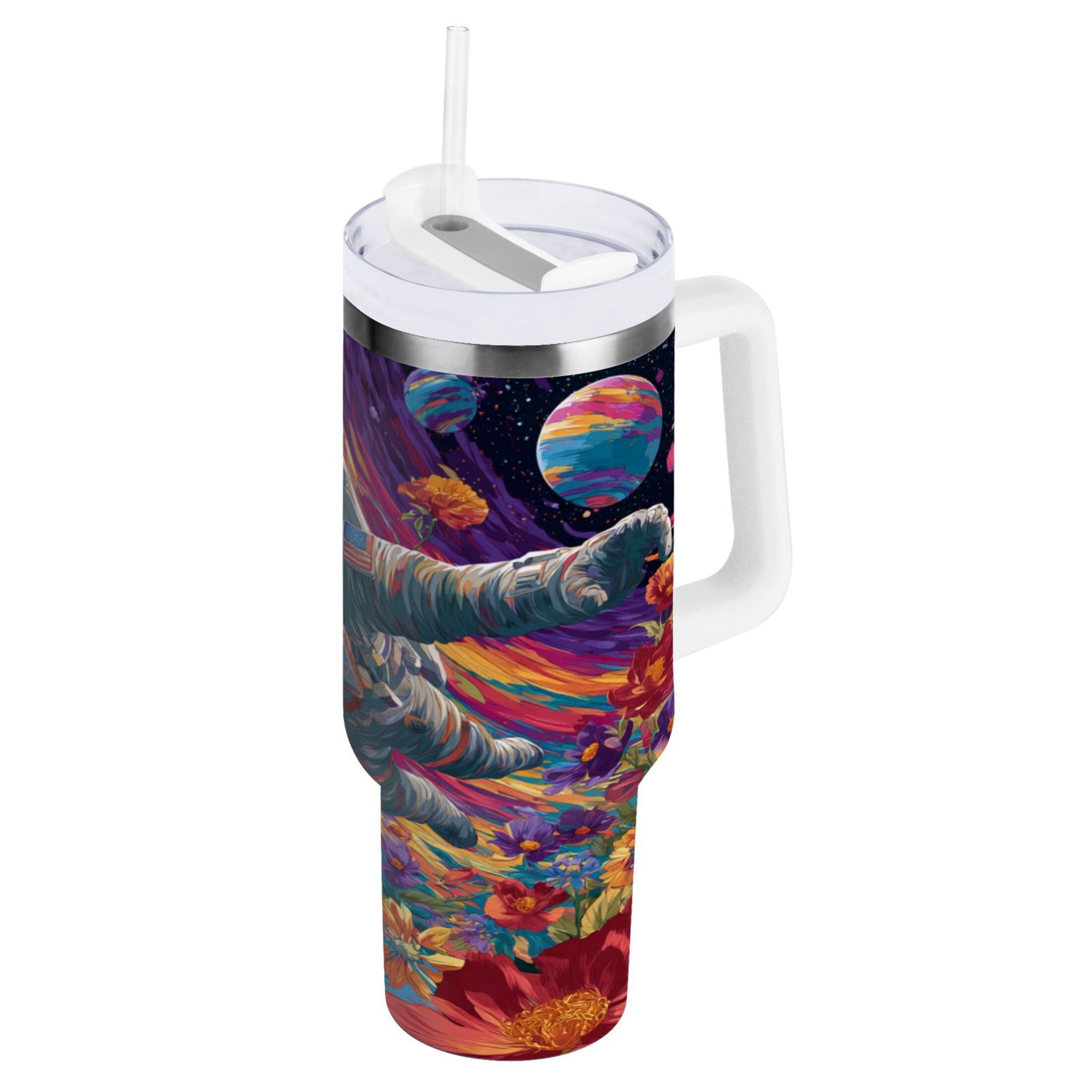 40 oz Insulated Stainless Steel Tumbler Double Wall Stainless Steel Tumbler with 2-Way Drinking Colorful Flowers and Planets | R6FR