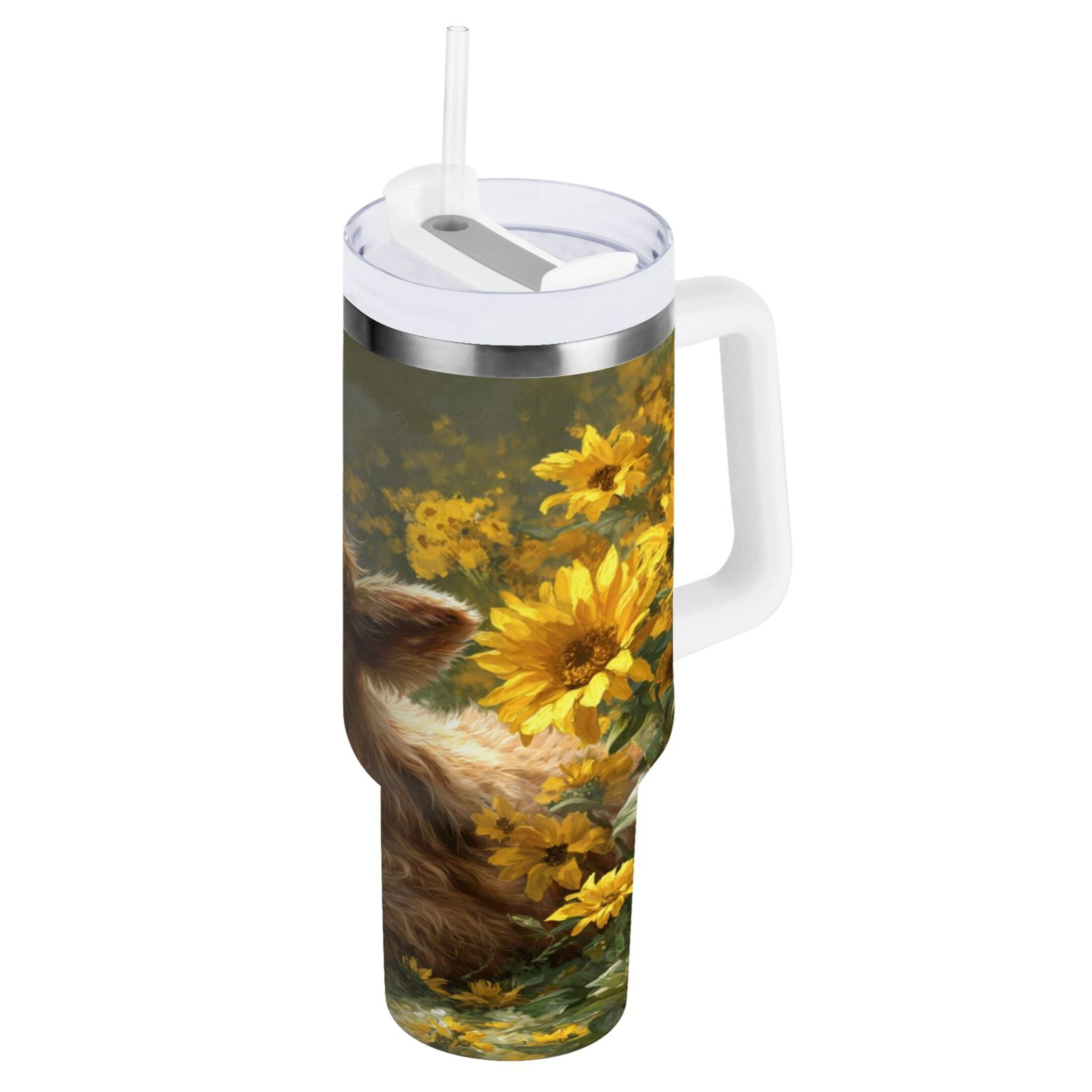 40 oz Insulated Stainless Steel Tumbler Double Wall Stainless Steel Tumbler with 2-Way Drinking Cow Lying in Sunflowers | TEJB