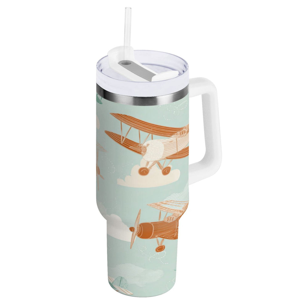 40 oz Insulated Stainless Steel Tumbler Double Wall Stainless Steel Tumbler with 2-Way Drinking Cute Airplanes | TUVG