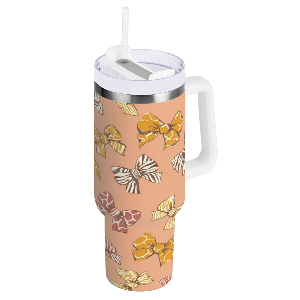 40 oz Insulated Stainless Steel Tumbler Double Wall Stainless Steel Tumbler with 2-Way Drinking Cute Animal Print Bows | 0X71