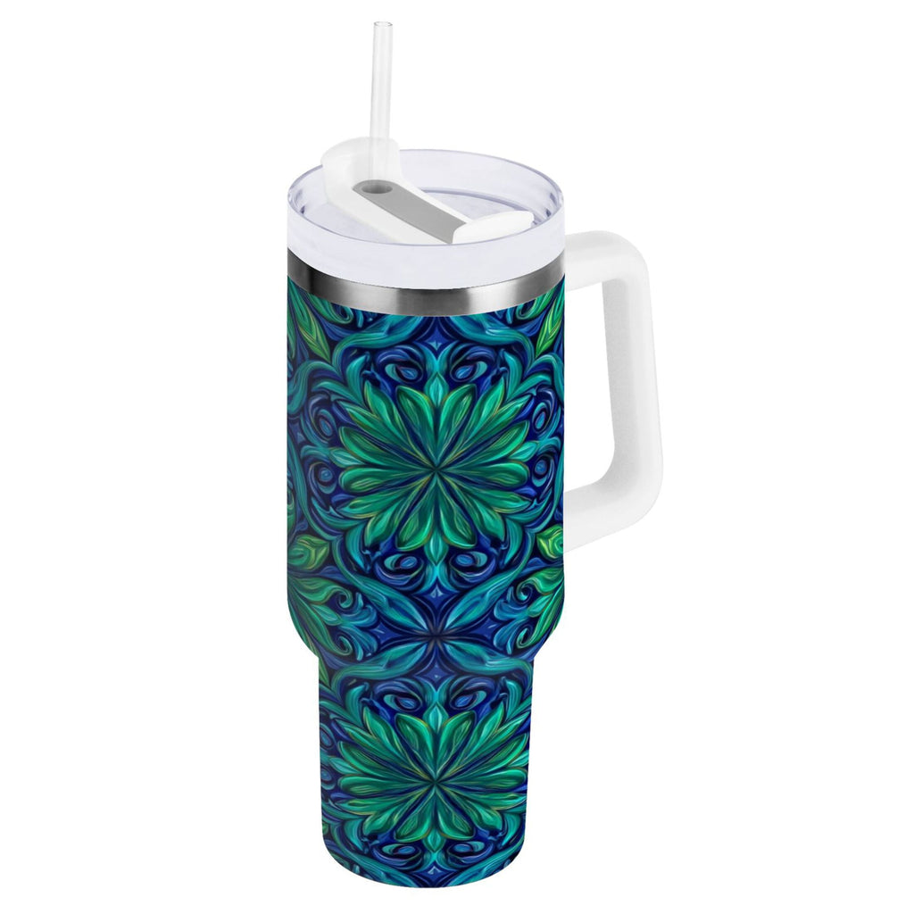 40 oz Insulated Stainless Steel Tumbler Double Wall Stainless Steel Tumbler with 2-Way Drinking Elegant Blue Traditional Patterns | ZRNL