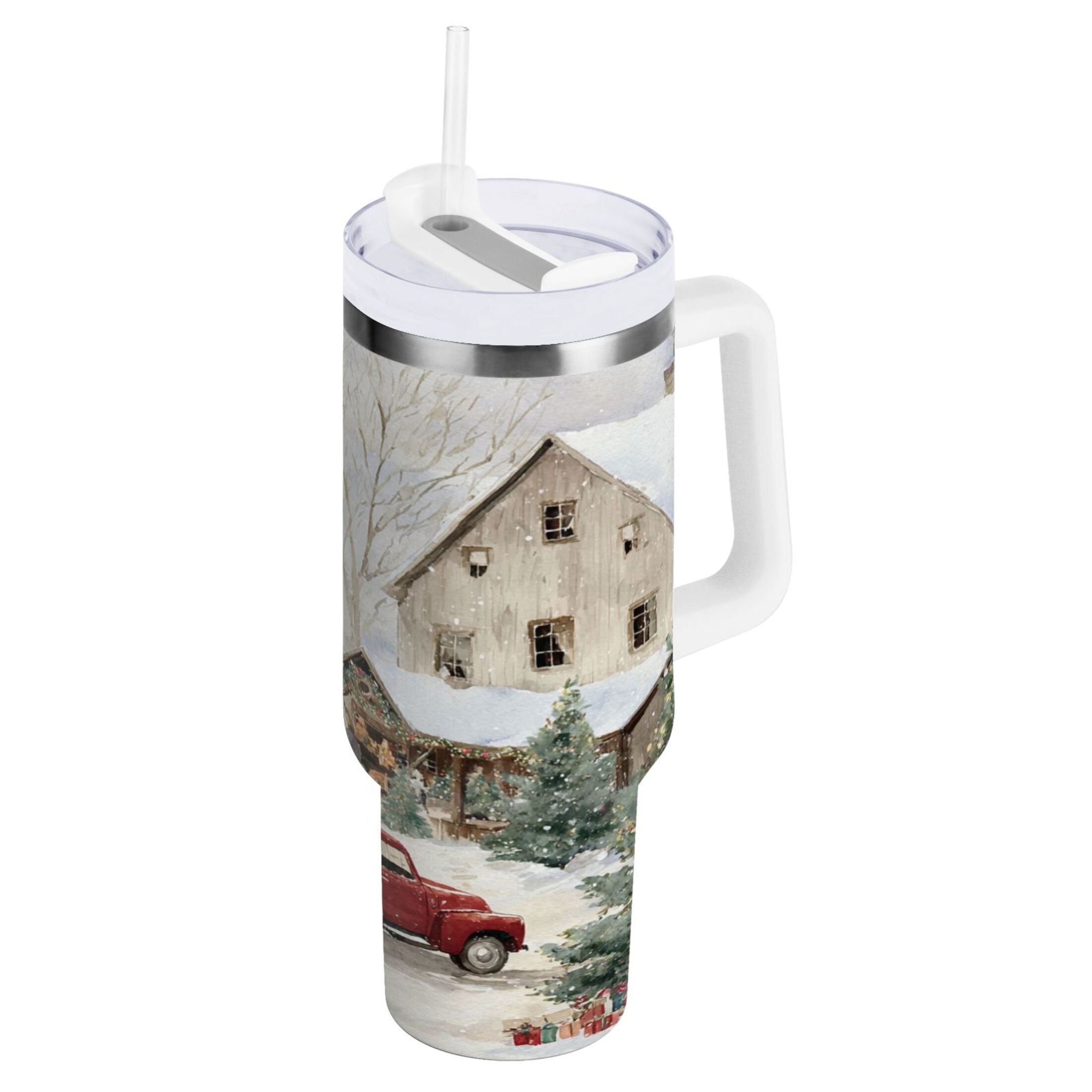 40 oz Insulated Stainless Steel Tumbler Double Wall Stainless Steel Tumbler with 2-Way Drinking Farm Snow Scene | M4ZF