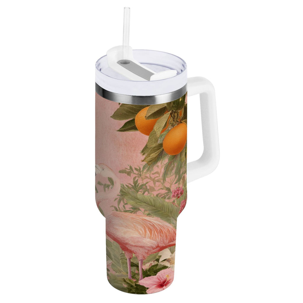 40 oz Insulated Stainless Steel Tumbler Double Wall Stainless Steel Tumbler with 2-Way Drinking Flamingos in Tropical Garden | EH41