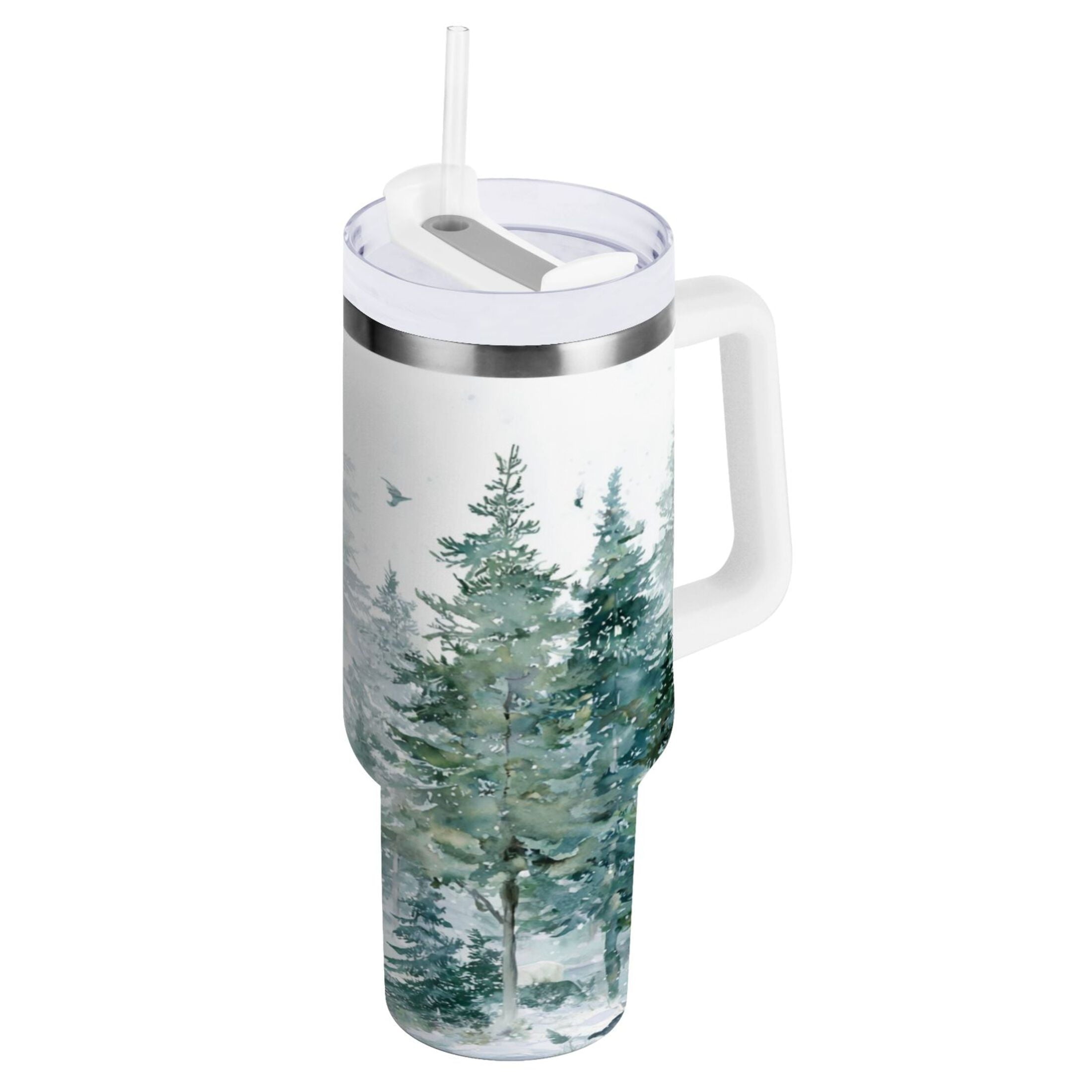 30 oz Insulated Stainless Steel Tumbler Double Wall Stainless Steel Tumbler with 2-Way Drinking Green Snowy Forest Scene | C90S