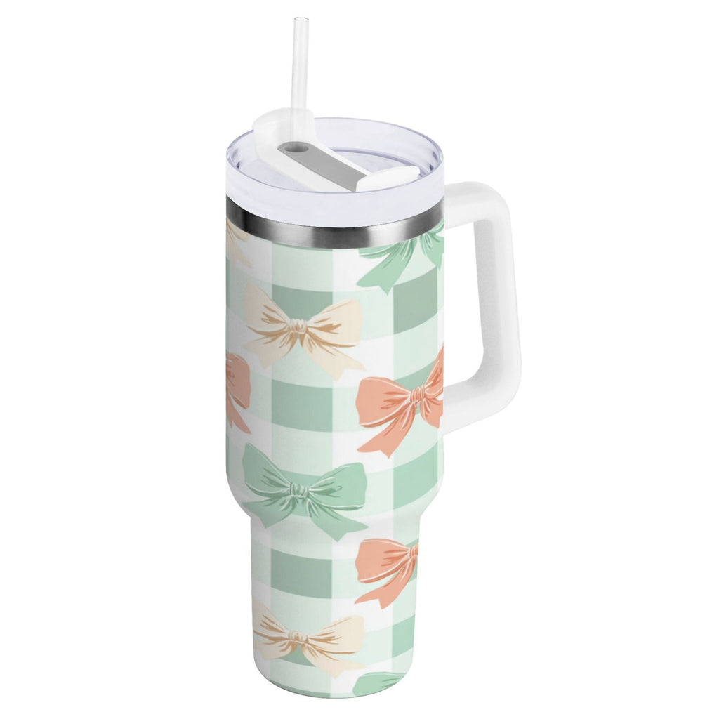 40 oz Insulated Stainless Steel Tumbler Double Wall Stainless Steel Tumbler with 2-Way Drinking Green and Peach Bow Pattern | 4EI8