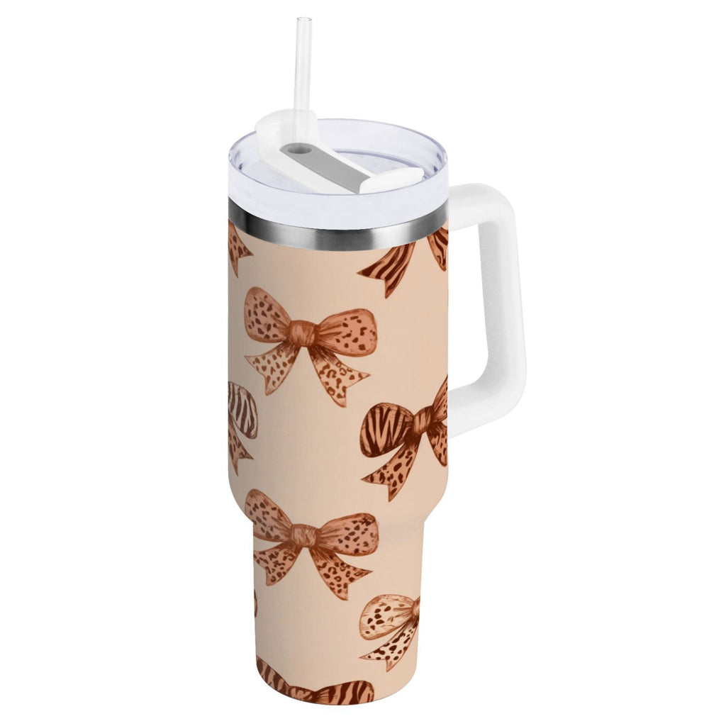 40 oz Insulated Stainless Steel Tumbler Double Wall Stainless Steel Tumbler with 2-Way Drinking Leopard Print Bow | FWQJ